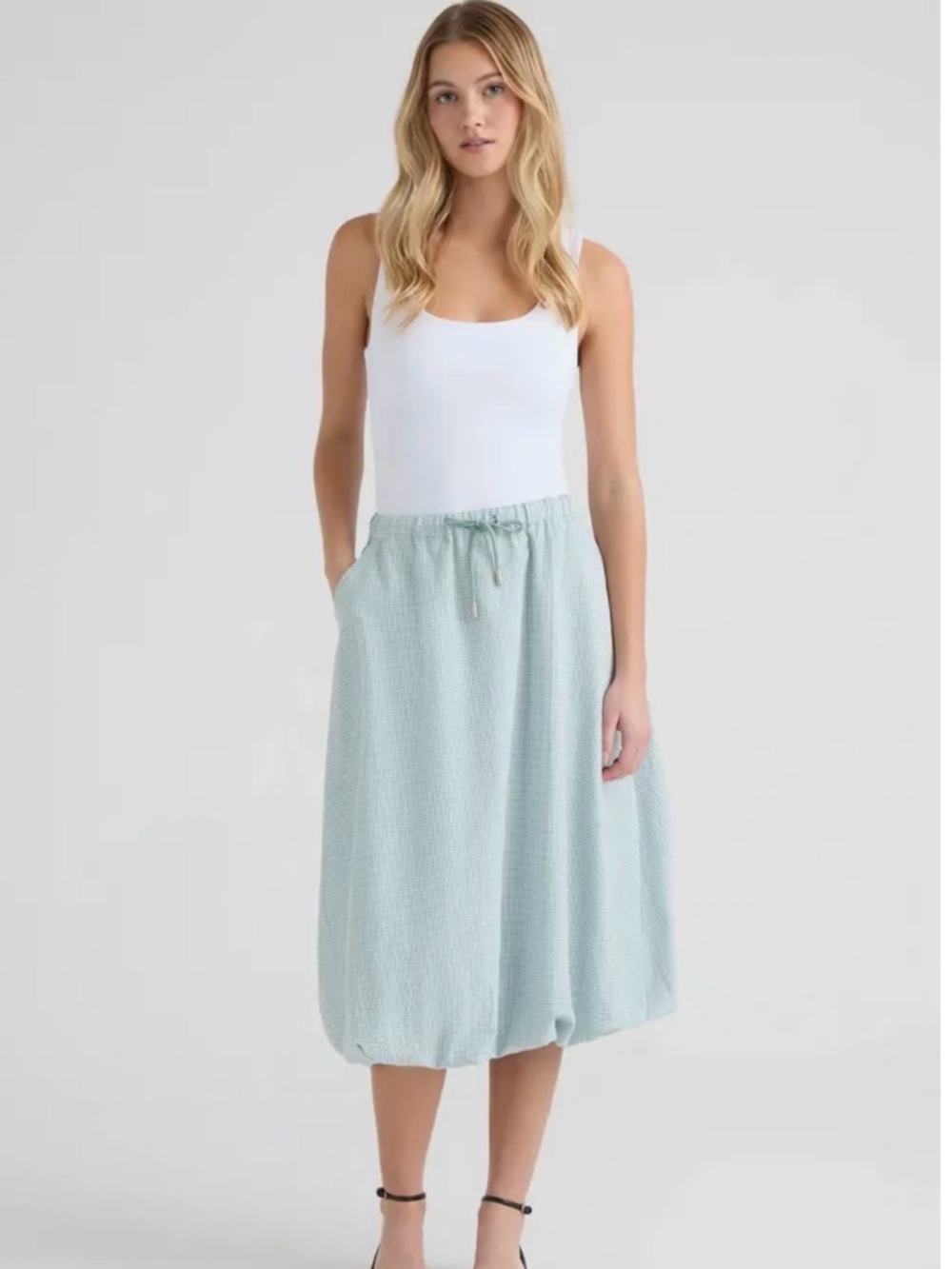 Hunter Gingham Bubble Hem Midi Skirt in Surf Spray Large NWT